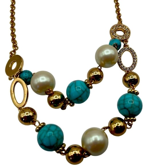 Turquoise & Gold Tone Beaded Necklace & Bangle Set - Faux Pearl & Crystal N43 - Picture 6 of 7